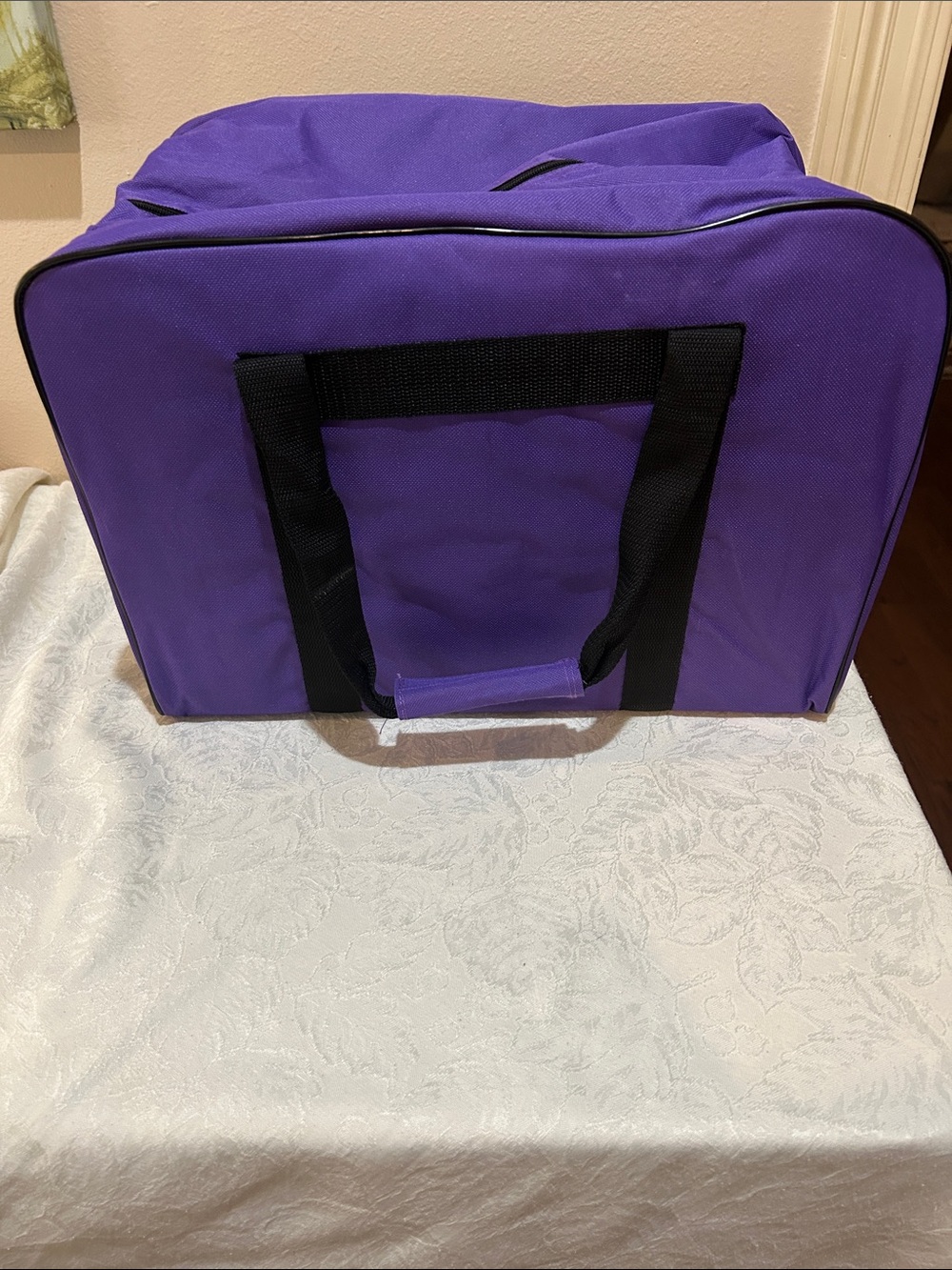 Purple Fabric Sewing machine Tote with Black Handles